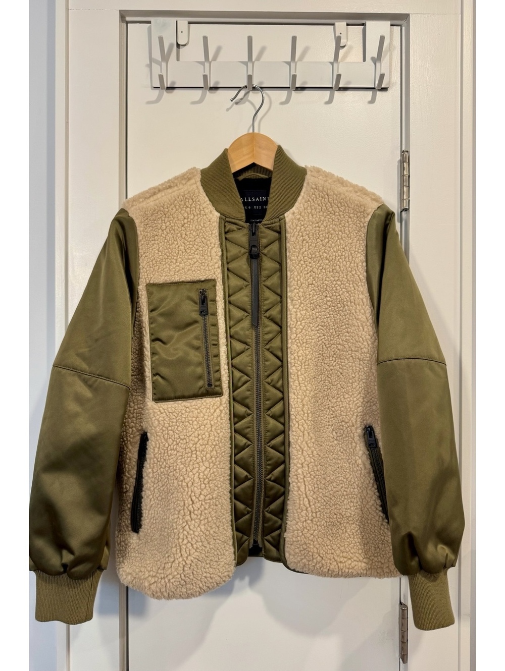 AllSaints Women's Green and Beige Sherpa Bomber Jacket UK 6 US 2 EU 34